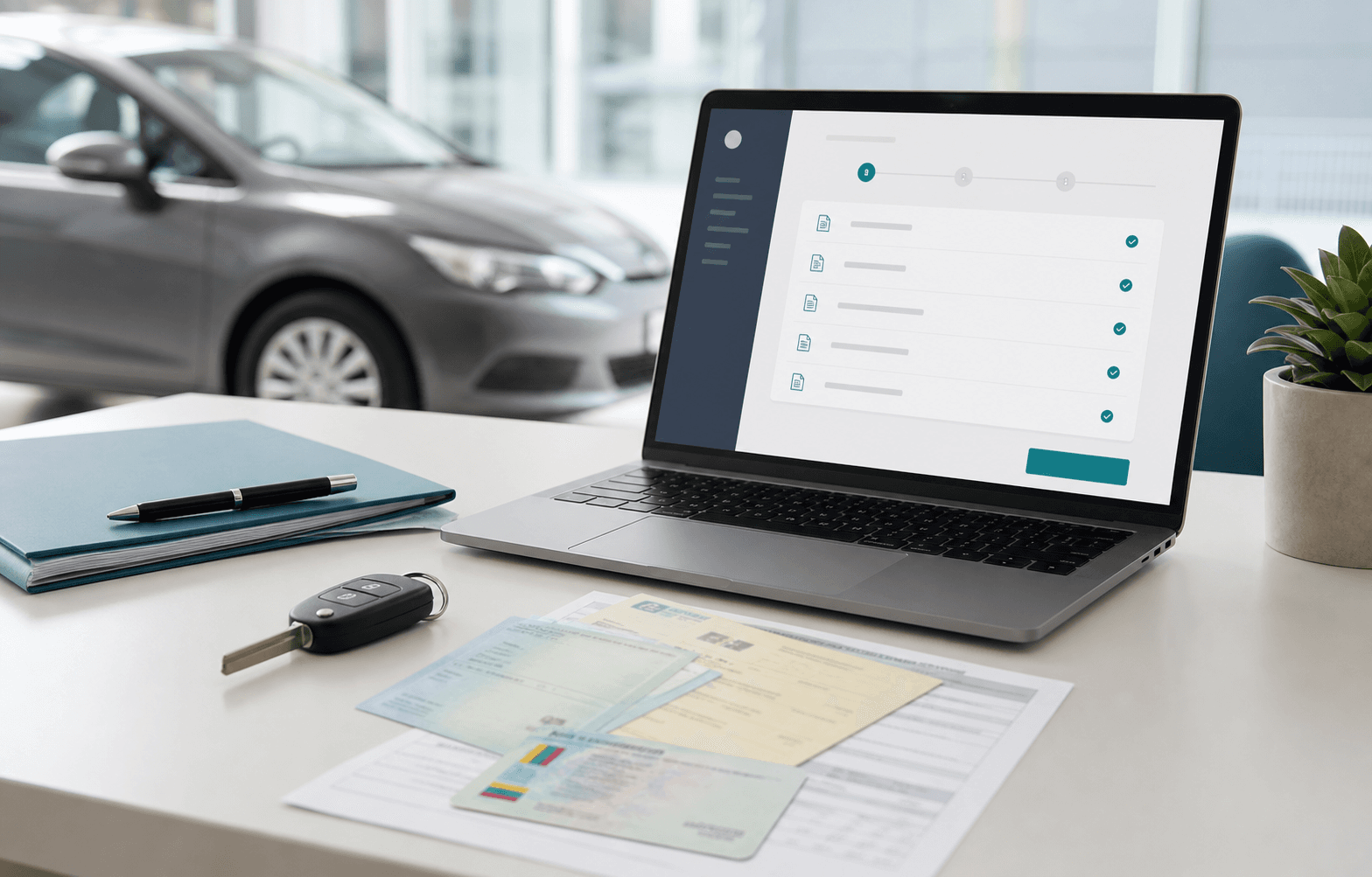 Expediente digital de traspaso vehicular con documentos y llaves de carro